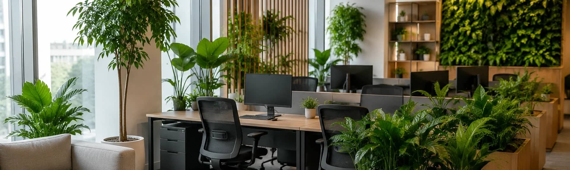 A planted office with a green wall and desk planting