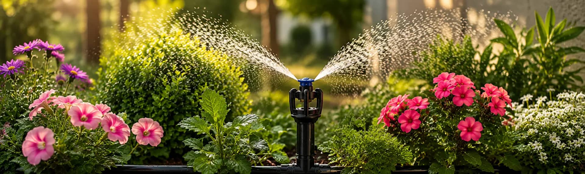 An irrigation system watering plants