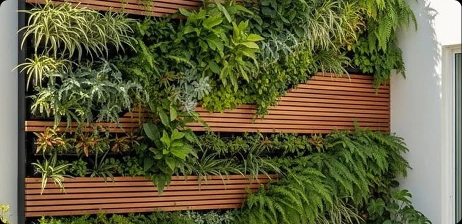 نباتات موزعة على جدار من الألواح الخشبية