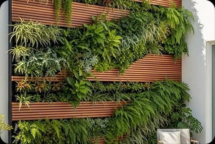 A slatted green wall planted with mixed foliage