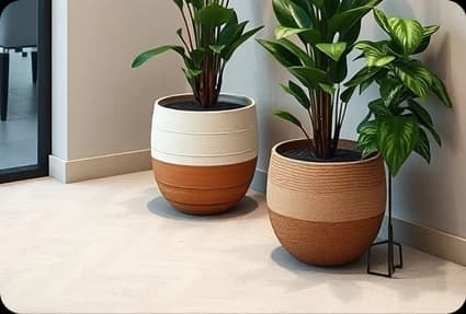 Two large floor pots planted in a corner