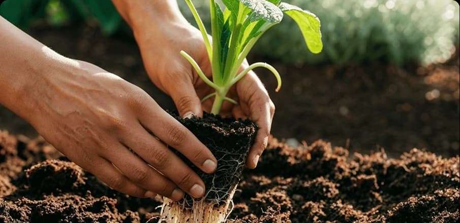 يدان تزرعان شتلة في التربة