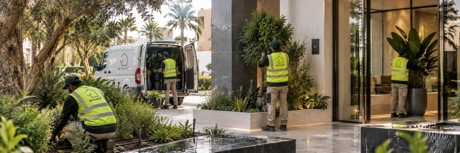 فريق دي بلانتا ينفذ أعمال تشجير وتنسيق نباتات عند مدخل مبنى تجاري في الرياض فريق دي بلانتا ينفذ أعمال تشجير وتنسيق نباتات عند مدخل مبنى تجاري في الرياض