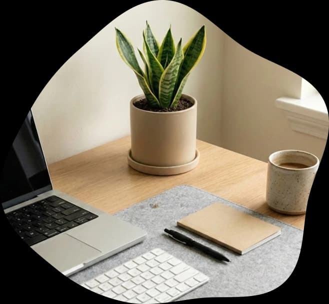 A snake plant on a desk beside a laptop