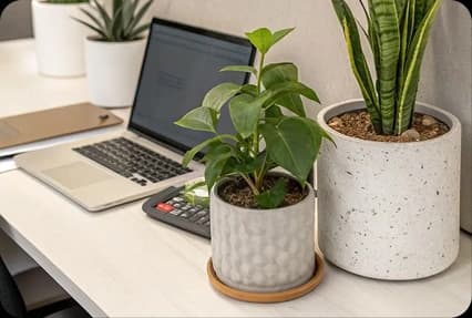 Potted plants on a desk beside a laptop