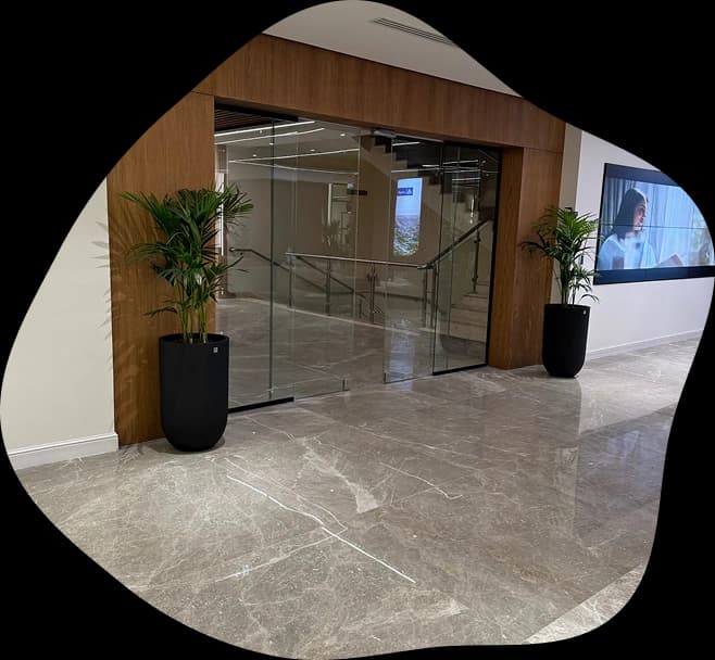 A planted lobby entrance with tall black planters