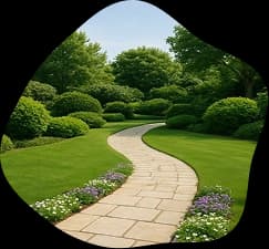 A stone walkway curving through planted borders