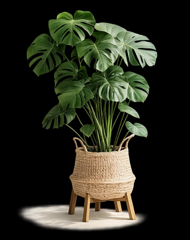 A monstera in a woven basket planter on a wooden stand